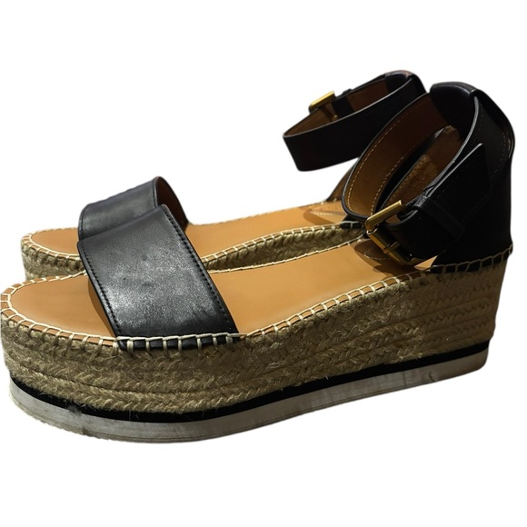 See by Chloe Glyn Espadrilles Wedge Black Leather Ankle Strap Sandals Sz 40 - Picture 8 of 13